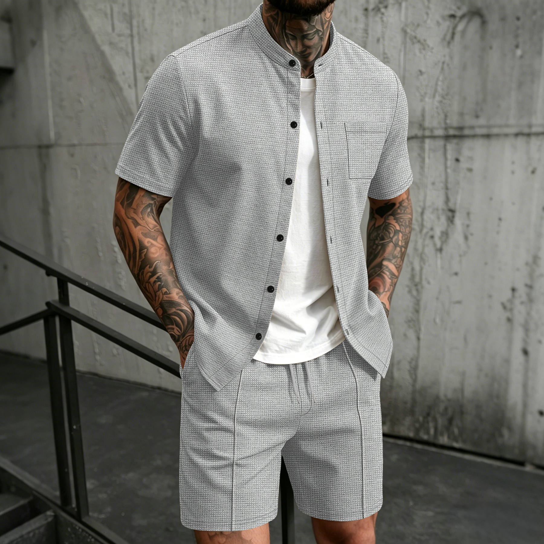 Summer Clothing Sets - Men's 2 Piece Outfit, Stand Collar