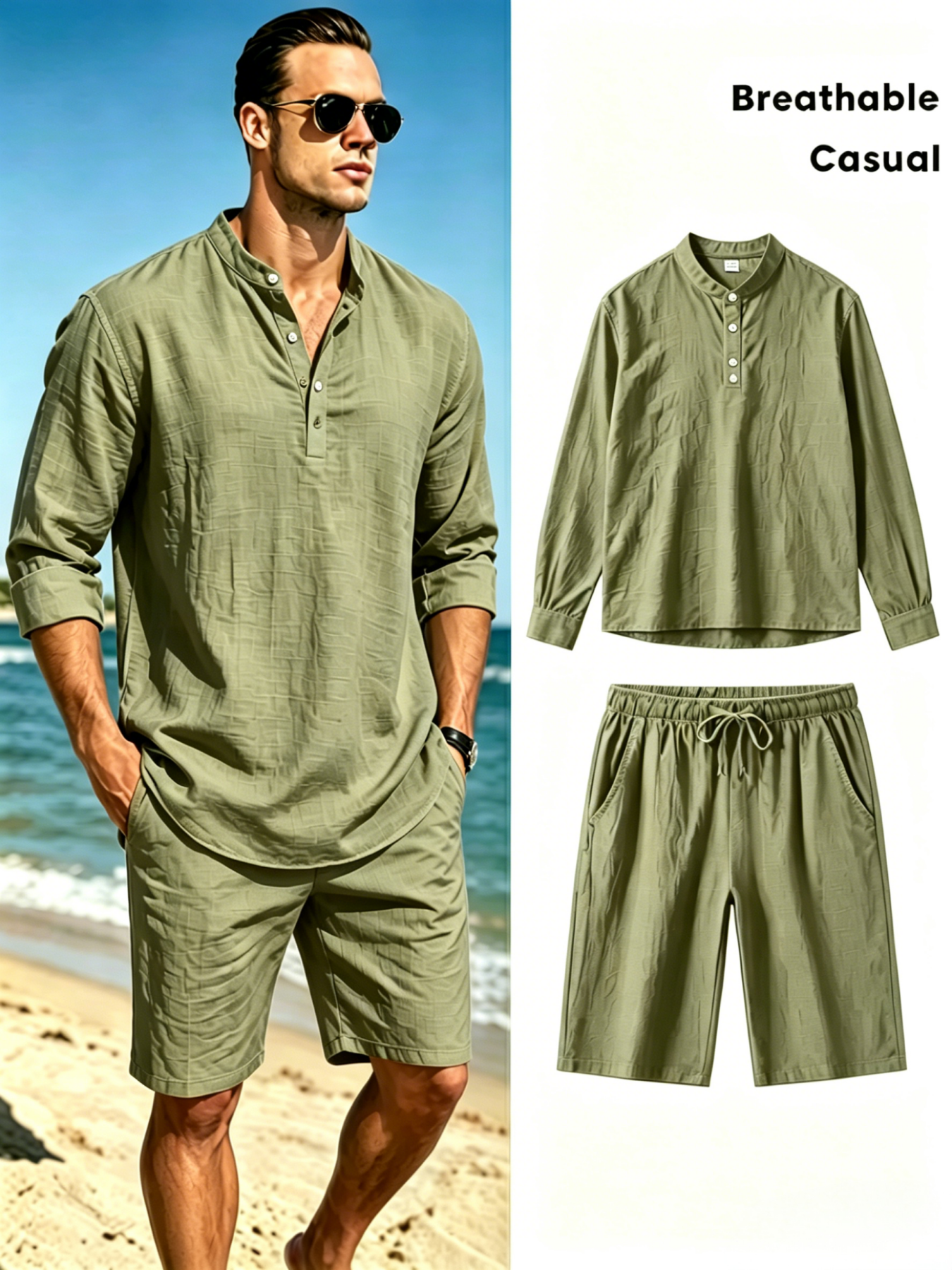 Men's Cotton Linen Henley Shir - Summer Clothing Sets のレビューと価格