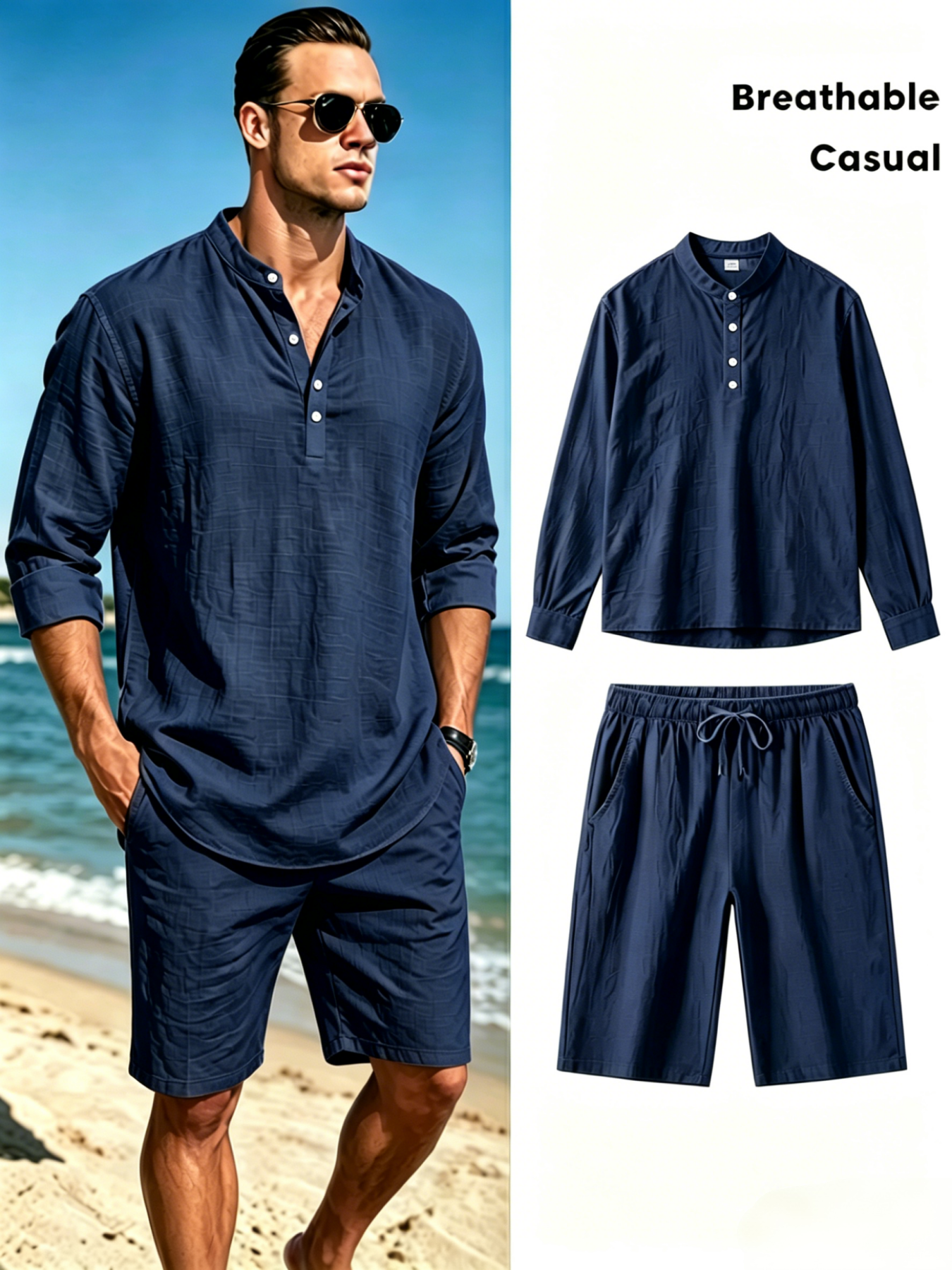 Men's Cotton Linen Henley Shir - Summer Clothing Sets のレビューと価格