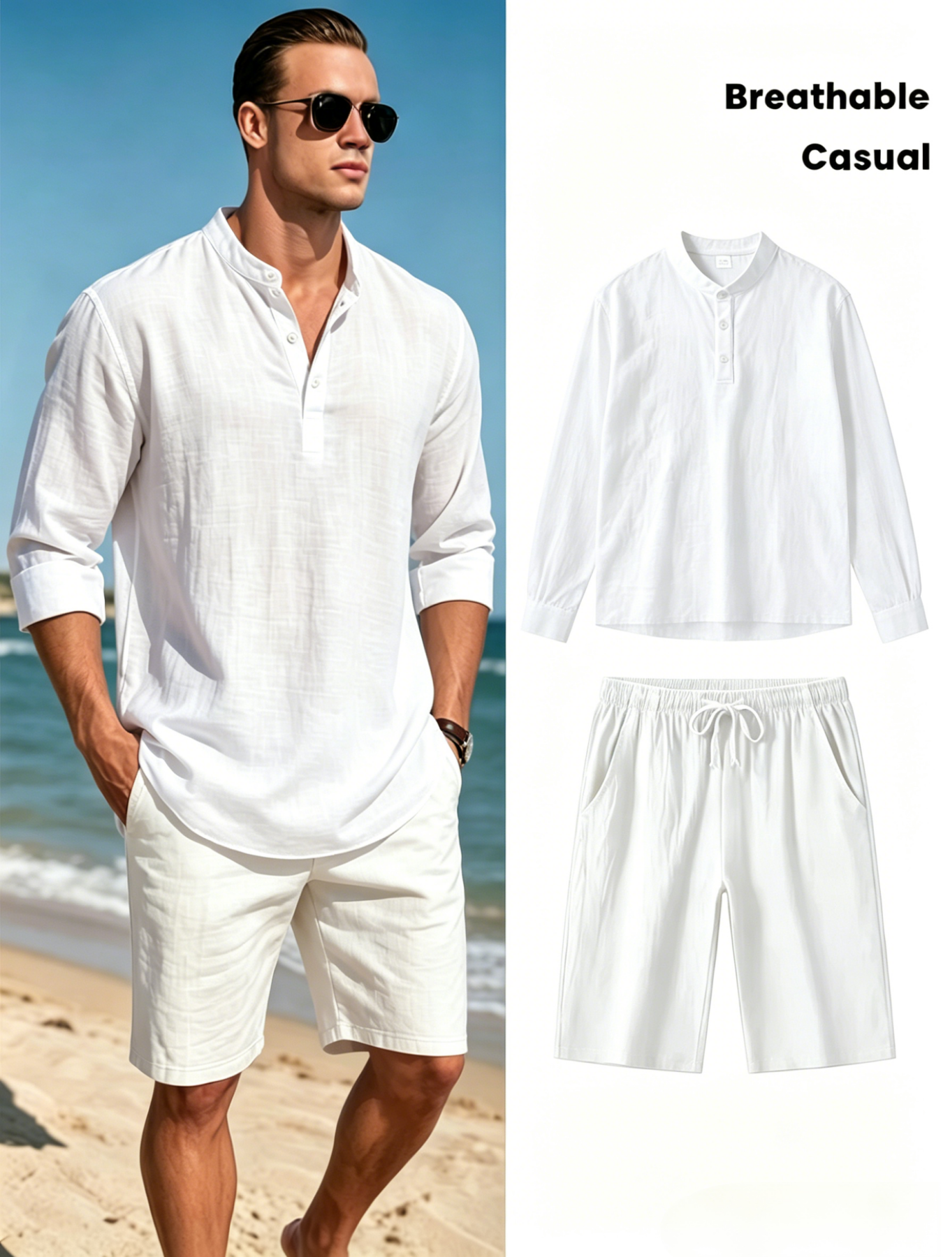 Men's Cotton Linen Henley Shir - Summer Clothing Sets のレビューと価格
