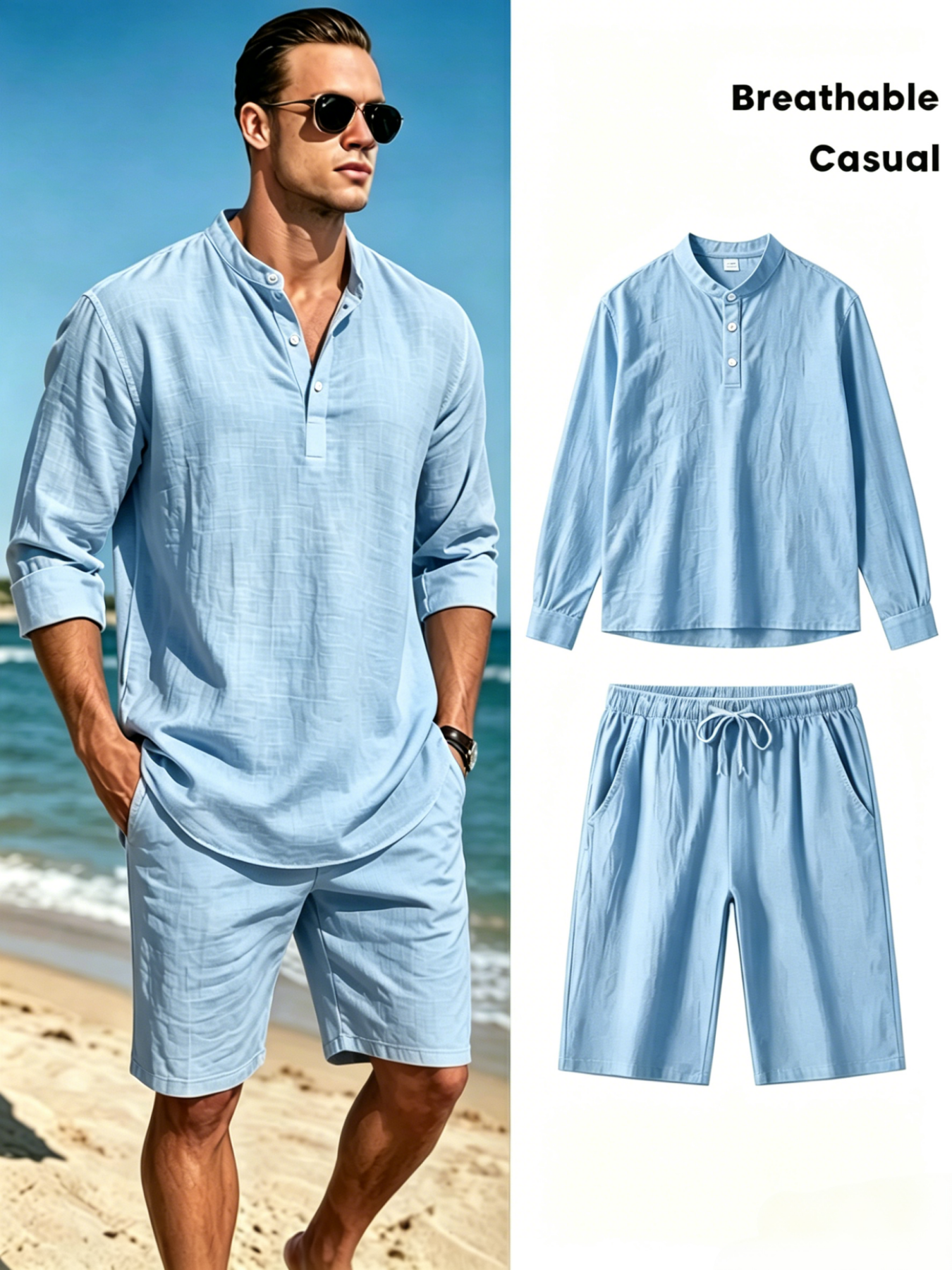 Men's Cotton Linen Henley Shir - Summer Clothing Sets のレビューと価格