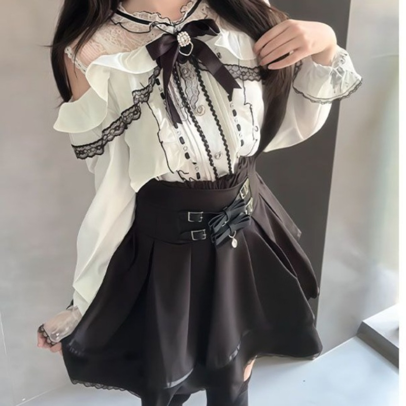 Japanese Gothic Y2k Lolita Sty - Off Shoulder Blouse のレビューと価格