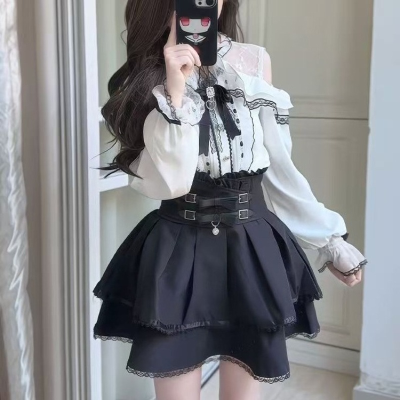 Japanese Gothic Y2k Lolita Sty - Off Shoulder Blouse のレビューと価格
