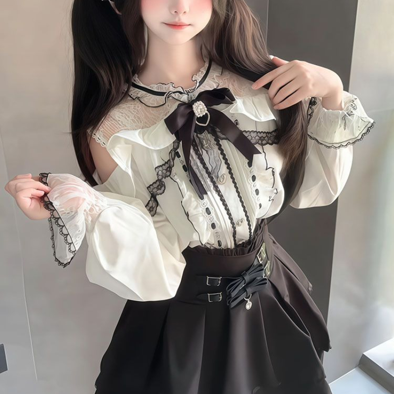 Japanese Gothic Y2k Lolita Sty - Off Shoulder Blouse のレビューと価格