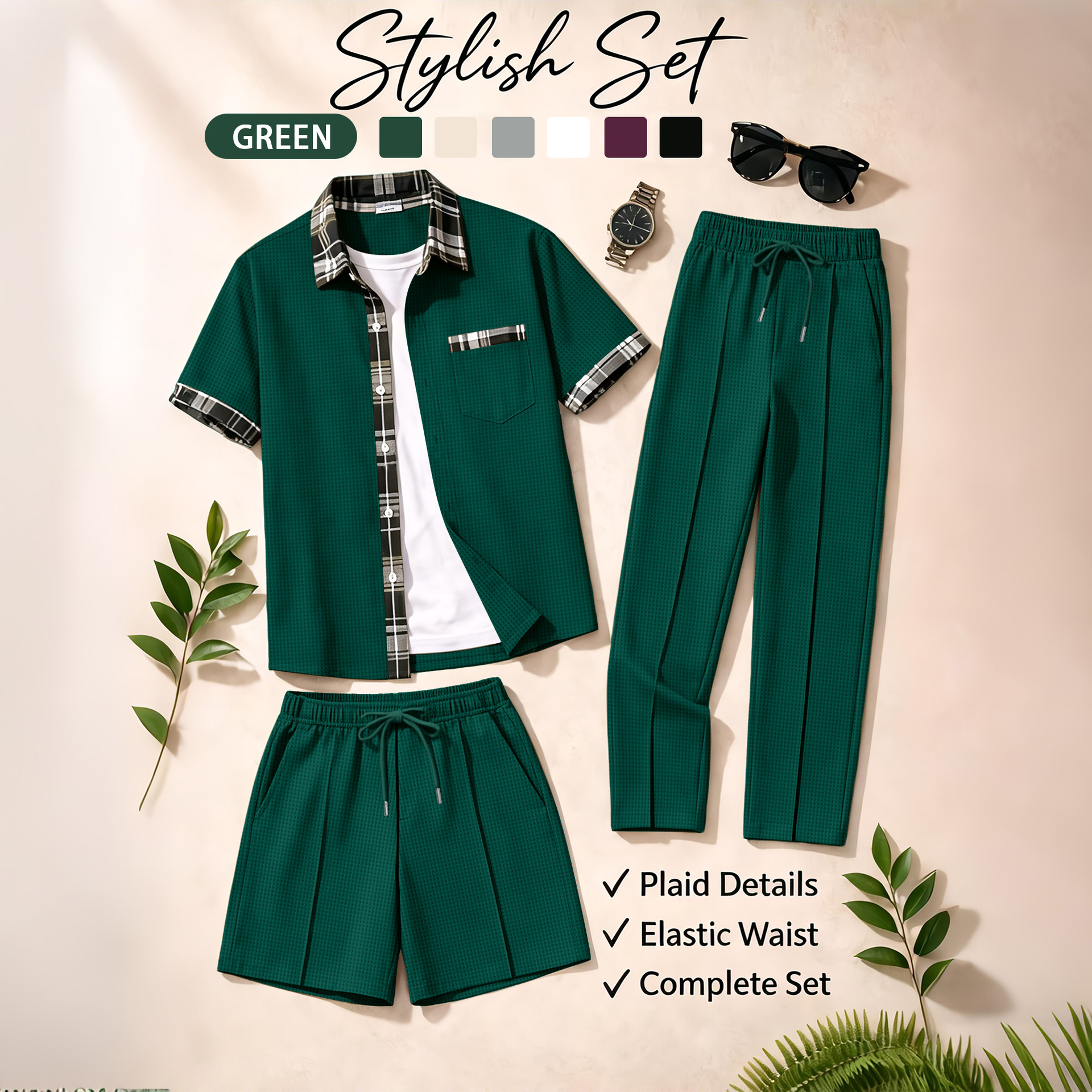Men's 3 Piece Waffle Knit Trac - Summer Clothing Sets のレビューと価格