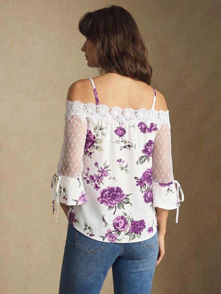 Purple Floral Print Off Should - Off Shoulder Blouse のレビューと価格