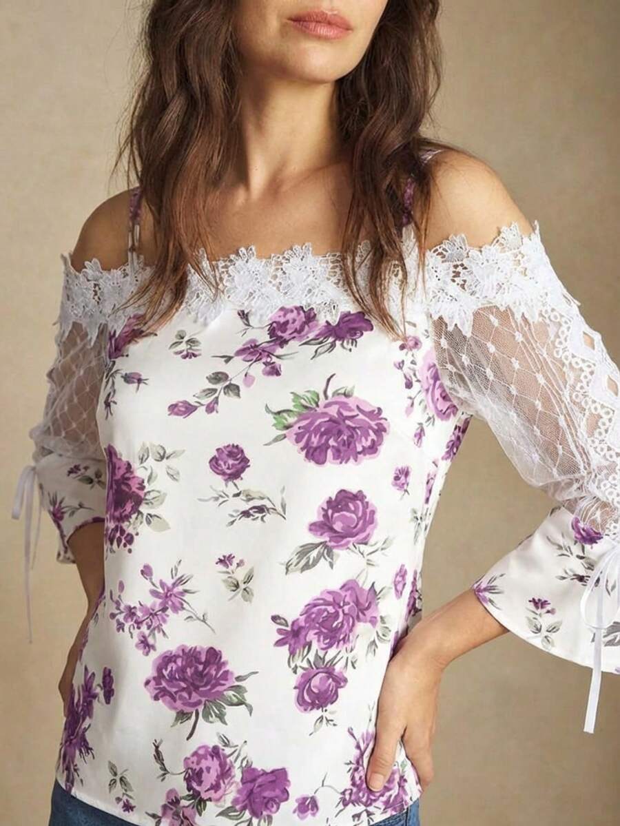 Purple Floral Print Off Should - Off Shoulder Blouse のレビューと価格