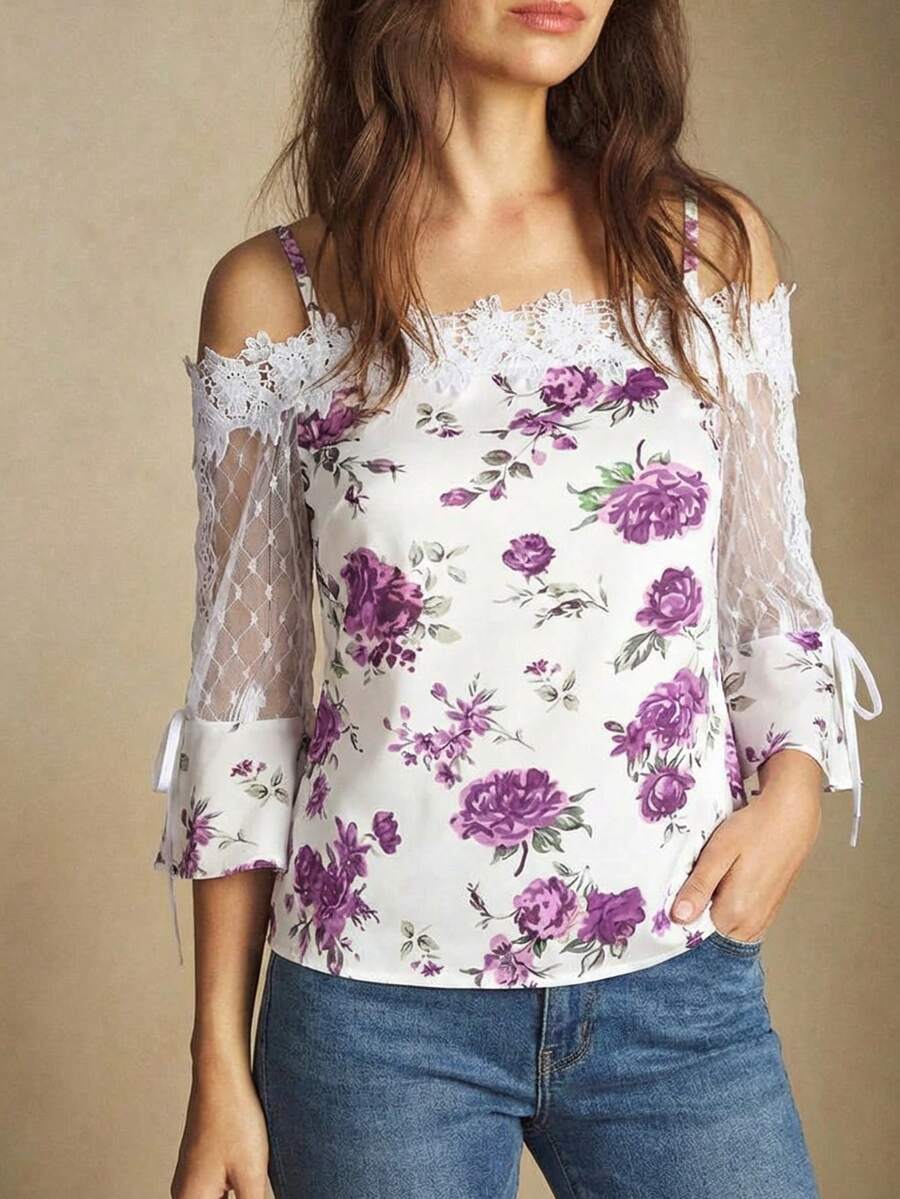 Purple Floral Print Off Should - Off Shoulder Blouse のレビューと価格